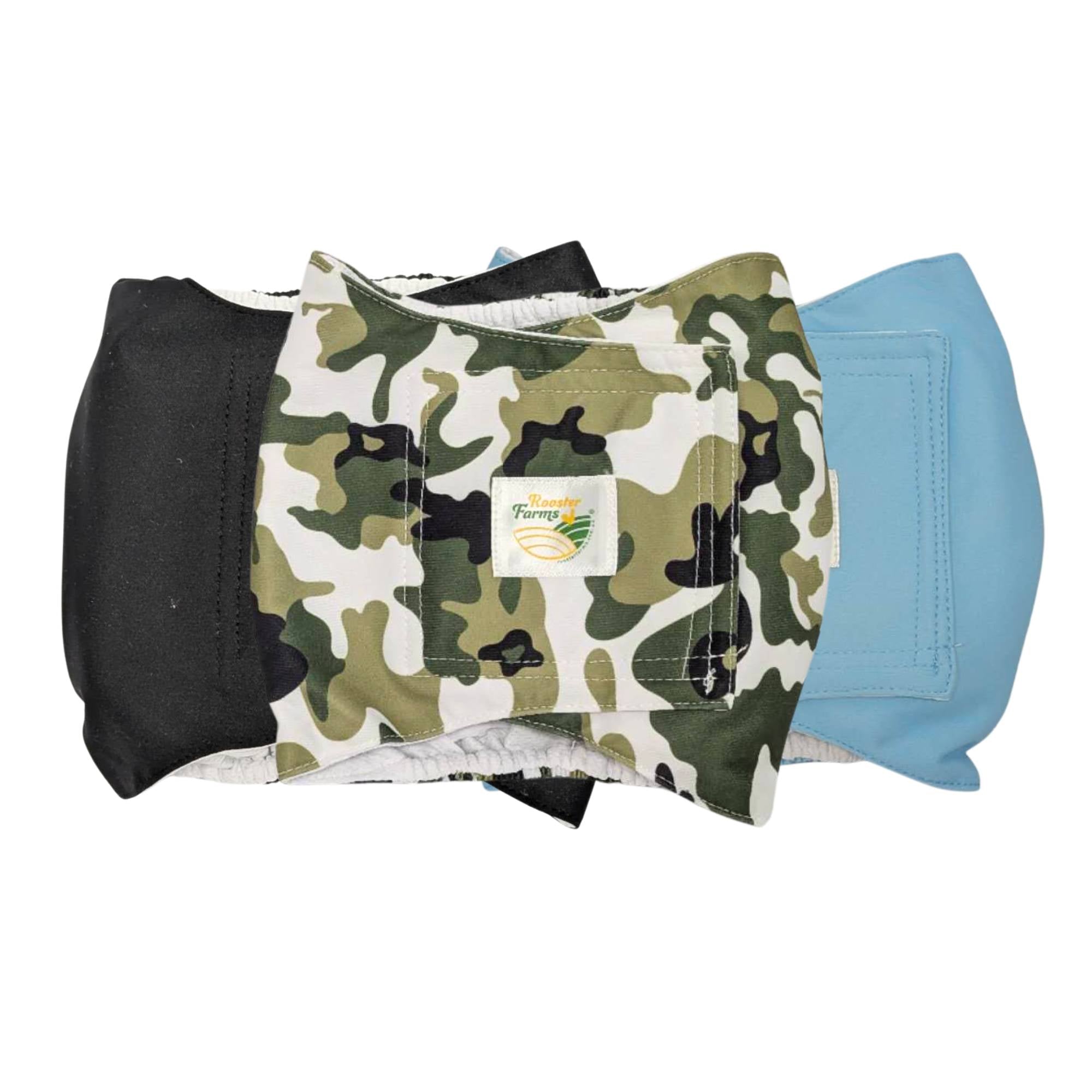Rooster Farms Male Dog Diapers Medium 3Pk - Washable Reusable Nappies Hook/Loop